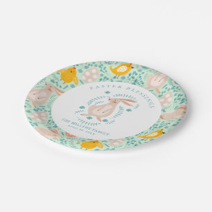 Assiettes En Carton Motif de Pâques avec oeufs, lapin, poussin, fleurs