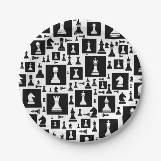 Assiettes En Carton Motif de pièces d'échecs - noir et blanc (Devant)