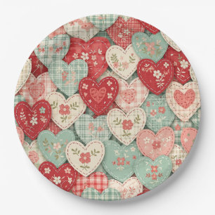 Assiettes En Carton Motif de pique-nique Cœurs Patchwork Rustique (1)