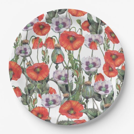 Assiettes En Carton Motif de Poppies rouges et violettes (Devant)