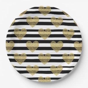 Assiettes En Carton Motif de rayure de mariage en forme de cœur doré é