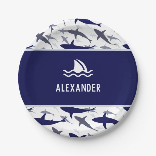 Assiettes En Carton Motif de requin bleu avec nom garçon fête d'annive (Devant)
