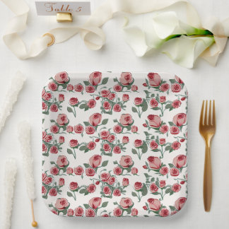 Assiettes En Carton Motif de roses et feuilles roses