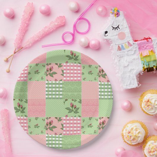 Assiettes En Carton Motif de surfaces composées rose et vert (Fête)