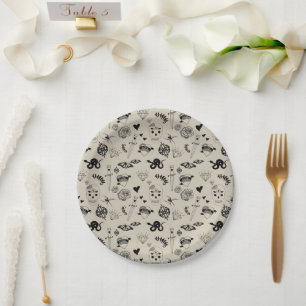 Assiettes En Carton Motif de tatouage à main noir et beige