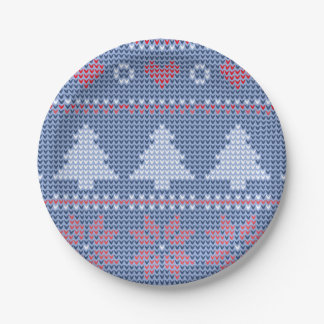 Assiettes En Carton Motif de tricot de Noël Bleu