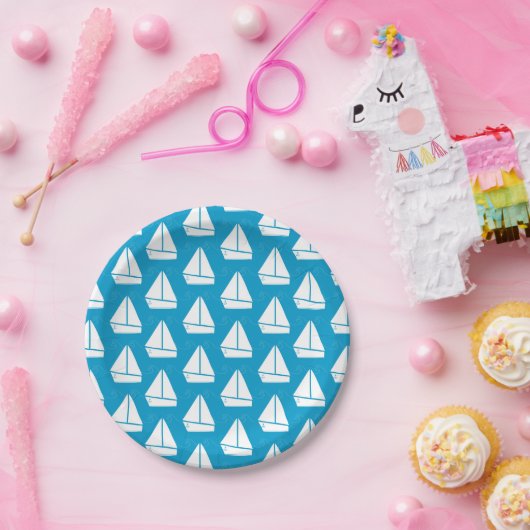 Assiettes En Carton Motif de voilier bleu clair (Fête)