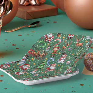Assiettes En Carton Motif décoratif de Noël sur fond vert