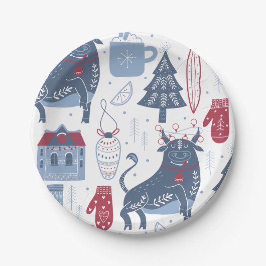Assiettes En Carton Motif d'éléments de Noël gris bleu (Devant)