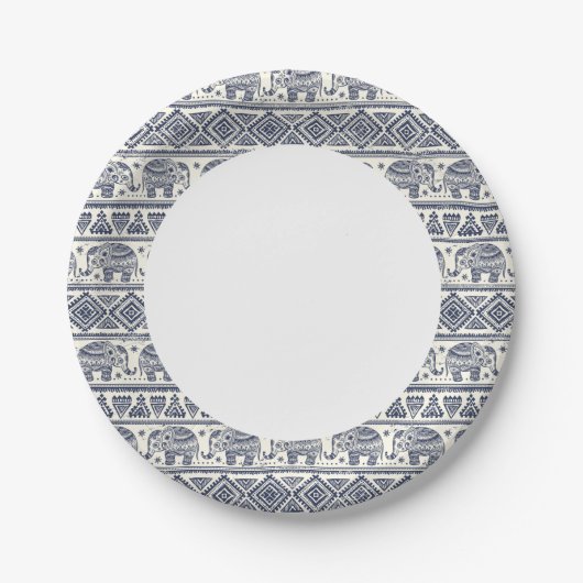Assiettes En Carton Motif d'éléphant ethnique bleu (Devant)