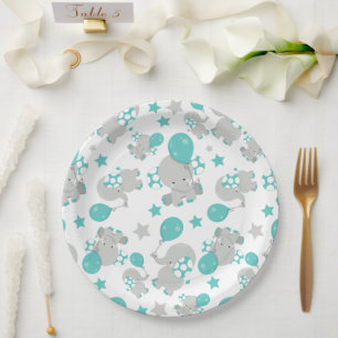 Assiettes En Carton Motif Des Eléphants, Eléphants Mignons - Gris Bleu