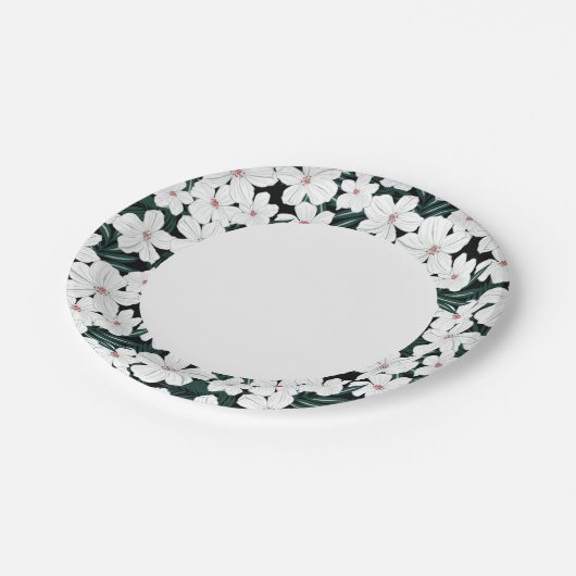 Assiettes En Carton Motif des fleurs tropicales blanches (Angle)