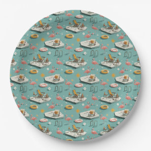 Assiettes En Carton Motif d'été au bord de la piscine aux flamants ros