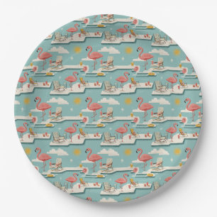 Assiettes En Carton Motif d'été au bord de la piscine aux flamants ros
