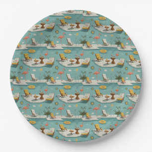 Assiettes En Carton Motif d'été au bord de la piscine flamant rose rét