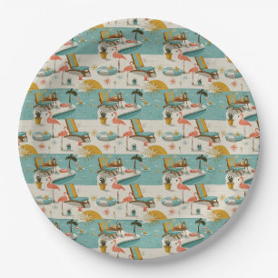 Assiettes En Carton Motif d'été au bord de la piscine rétro flamant ro