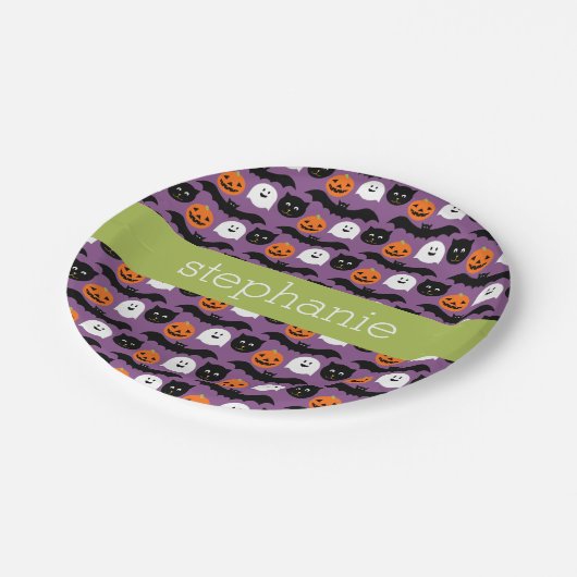 Assiettes En Carton Motif d'Halloween - Cute Bat Cat Citrouille Fantôm (Angle)