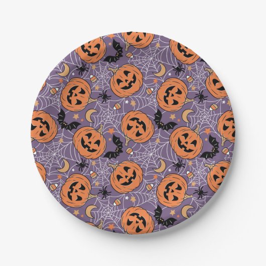 Assiettes En Carton Motif d'Halloween violet Jack-O-lanterne (Devant)