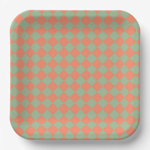 Assiettes En Carton Motif diamant à carreaux vert olive et rose saumon