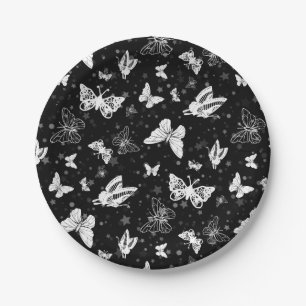 Assiettes En Carton Motif d'illustration noir blanc papillon