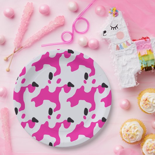 Assiettes En Carton Motif d'impression de vache rose et noire (Fête)