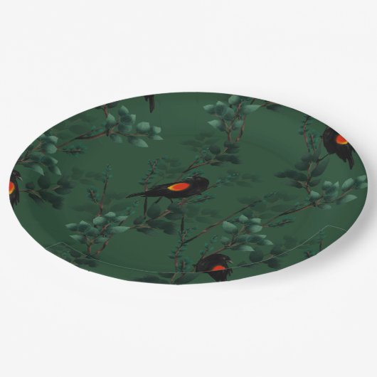 Assiettes En Carton Motif d'oiseau-noir à ailes rouges (Angle)
