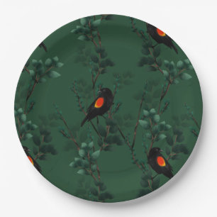 Assiettes En Carton Motif d'oiseau-noir à ailes rouges