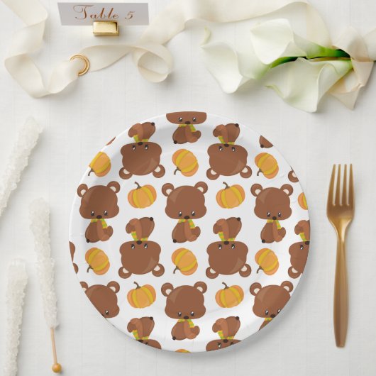 Assiettes En Carton Motif D'Ours, Ours Mignons, Automne, Citrouille (Mariage)