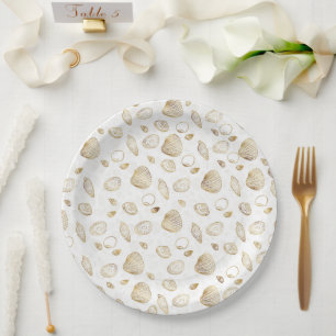 Assiettes En Carton Motif élégant Gold White Seashells