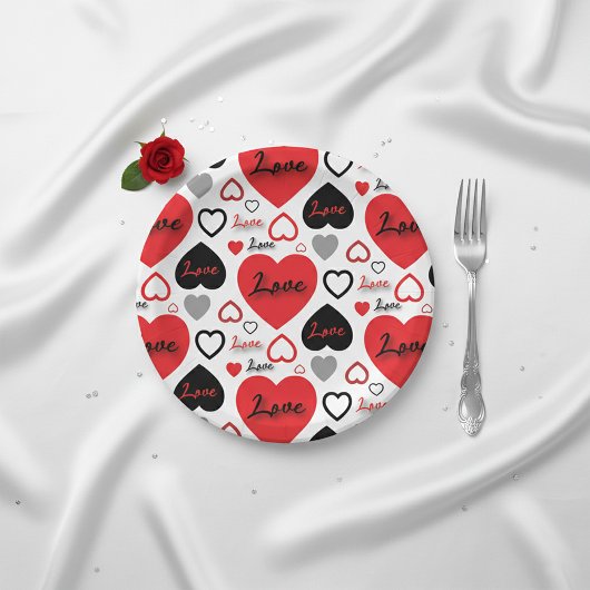 Assiettes En Carton Motif élégant tendance Coeurs d'Amour Rouge et Noi