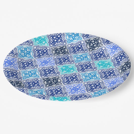 Assiettes En Carton Motif en carrelage marocain peint en bleu (Angle)