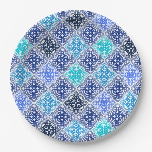 Assiettes En Carton Motif en carrelage marocain peint en bleu (Devant)
