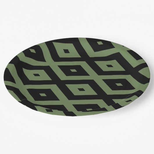 Assiettes En Carton Motif en diamant vert olive et noir (Angle)