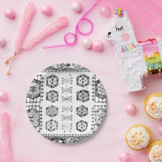 Assiettes En Carton Motif en forme d'aztèque noir et blanc (Fête)