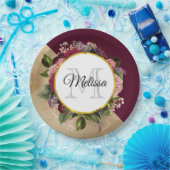 Assiettes En Carton Motif en marbre doré et monogramme floral bordeaux (Fête)