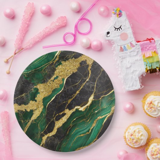 Assiettes En Carton Motif en marbre vert avec or (Fête)