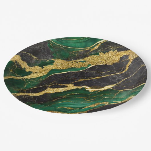 Assiettes En Carton Motif en marbre vert avec or (Angle)