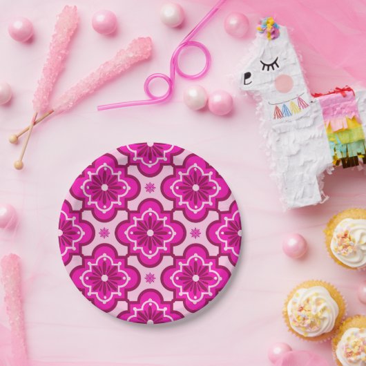 Assiettes En Carton Motif en tuiles marocaines - Fuchsia Pink (Fête)