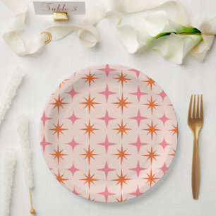 Assiettes En Carton Motif étoilé Rétro Milieu de Siècle Rose Orange