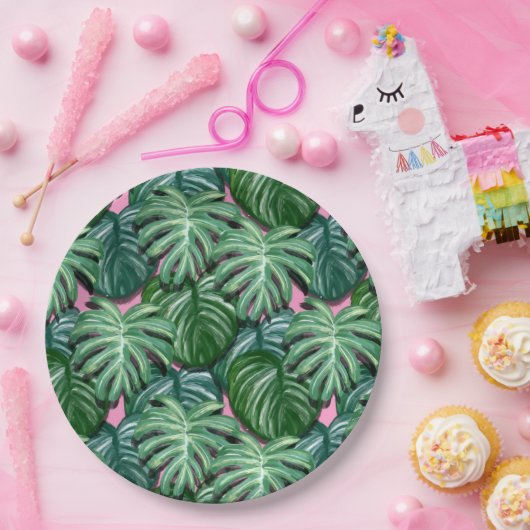 Assiettes En Carton Motif exotique Feuille tropical vert (Fête)
