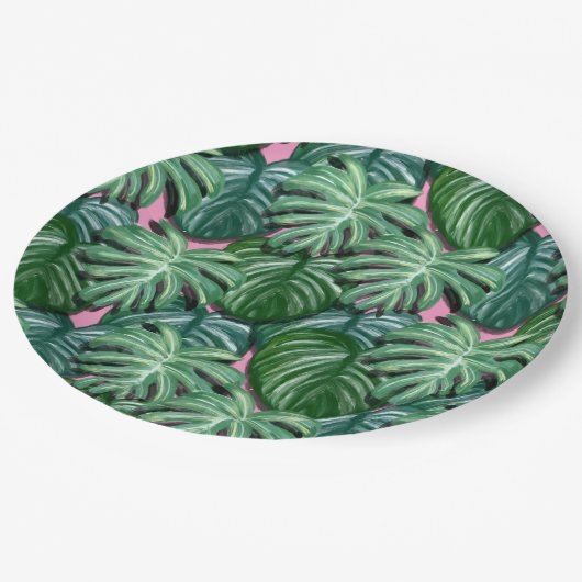 Assiettes En Carton Motif exotique Feuille tropical vert (Angle)