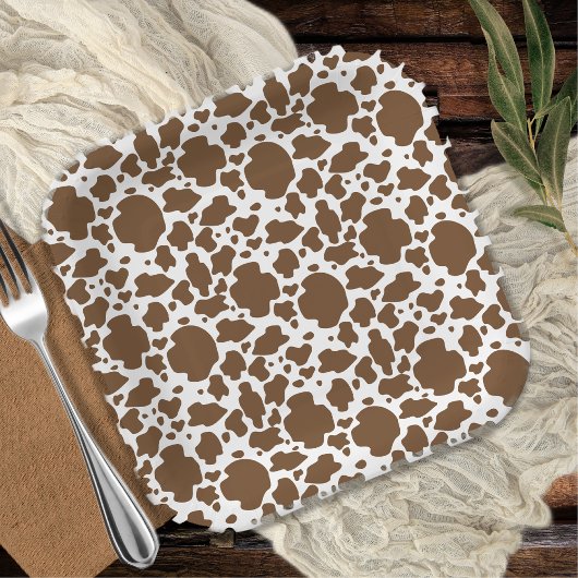 Assiettes En Carton Motif Faux Cuir de Vache Tacheté Marron