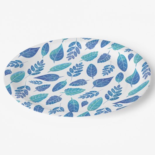 Assiettes En Carton Motif Feuille bleu aquarelle (Angle)
