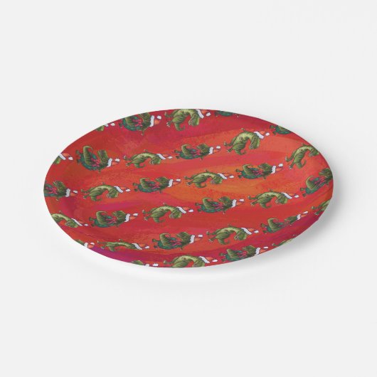 Assiettes En Carton Motif Fextive TRex Dino sur rouge (Angle)