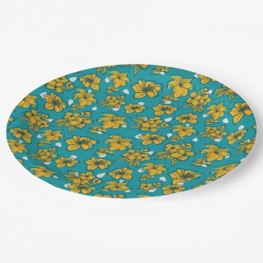 Assiettes En Carton Motif Fleurs Turquoises jaunes (Angle)