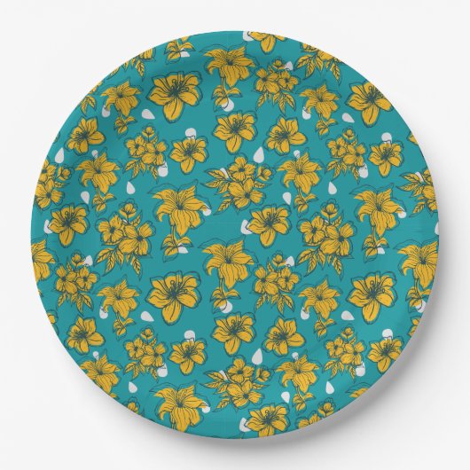 Assiettes En Carton Motif Fleurs Turquoises jaunes (Devant)