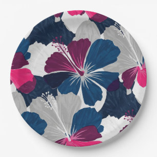 Assiettes En Carton Motif floral à l'hibiscus bleu élégant (6)