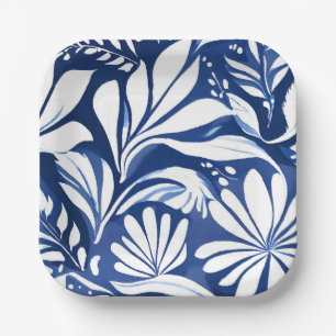Assiettes En Carton Motif floral aquarelle botanique bleu blanc