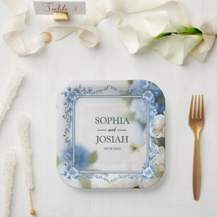 Assiettes En Carton Motif floral baroque bleu royal et blanc de luxe