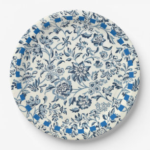 Assiettes En Carton motif floral bleu vintage et blanc